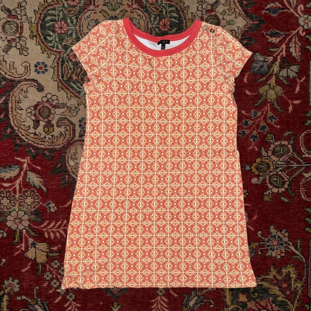 Talbots Shift Dress Womens PL Orange Geo Print Cotton Button Shoulder Preppy